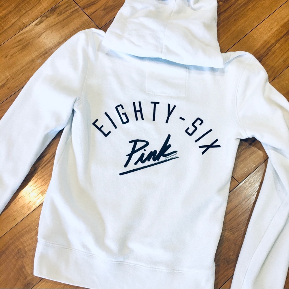 Victoria Secret PInk hoodie pullover jacket white black script logo small cozy